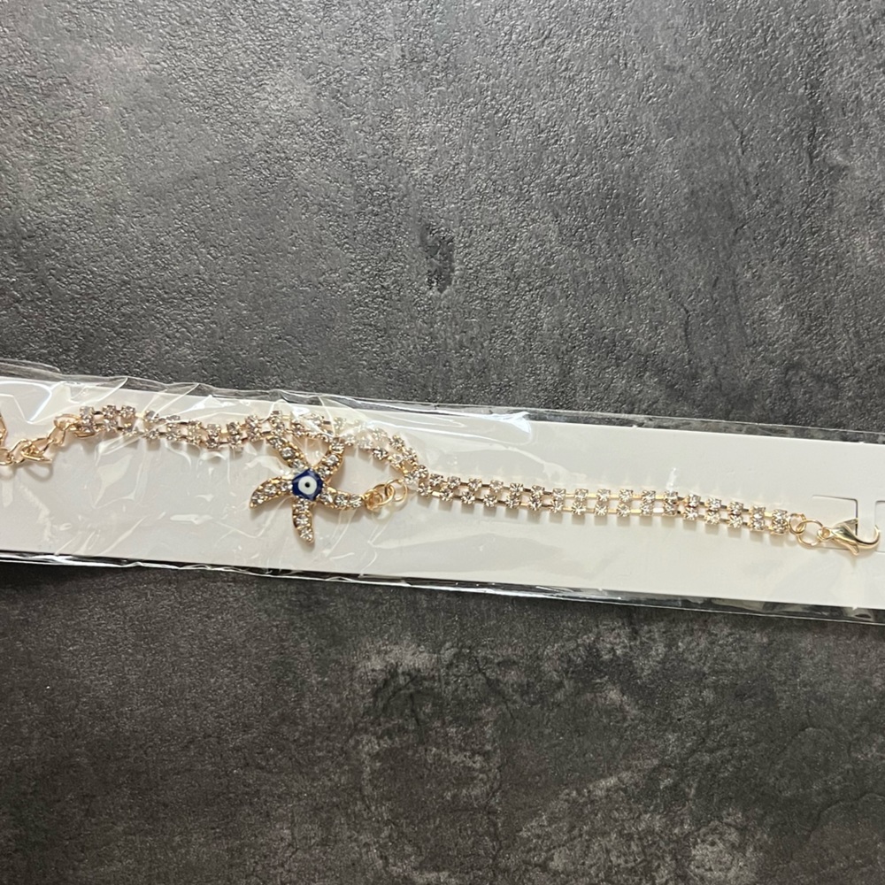 Faux Gold Starfish Diamond Bracelet with Blue Evil Eye Bead - Picture 2 of 2